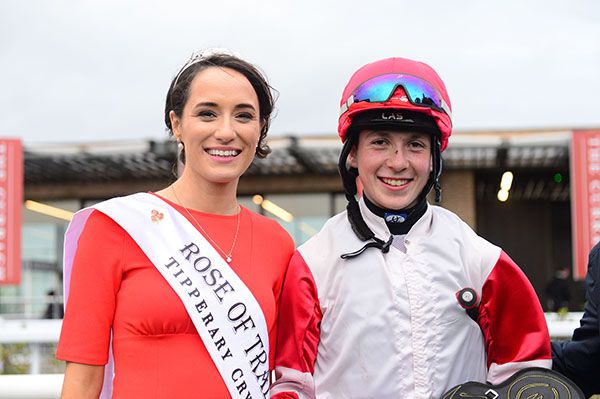 Winning rider Paddy Harnett pictured with Rose Of Tralee Sinead Flanagan  