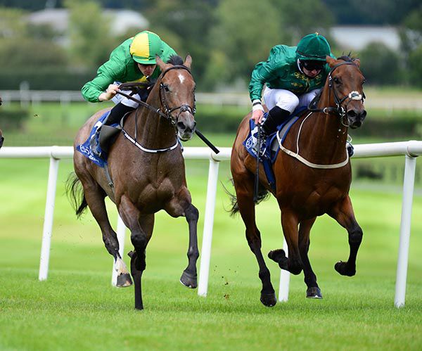 Miss Amulet and Billy Lee (left) beat Frenetic in the ARQANA Irish EBF Marwell Stakes 