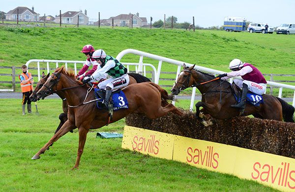 Le Hachette and Danny Mullins (nearside) come to win race two at Tramore
