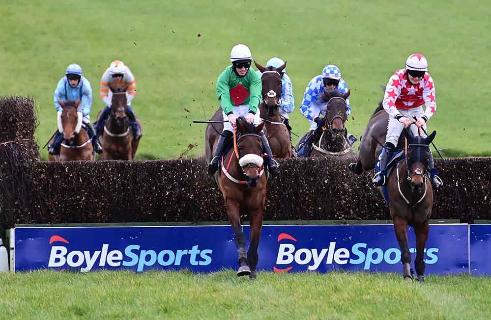 Ballyshannon Rose (left) lands over the last with Jeremys Flame (right)