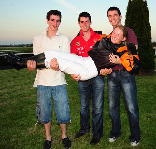 Fiona Mullins celebrates her first winner<br> with from left, cousin Danny, brother<br> Emmet and cousin Patrick Mullins