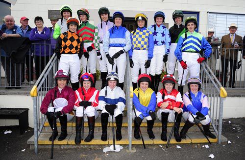 The 15 riders before the last with winning jockey Gillian Ryan wearing red gloves