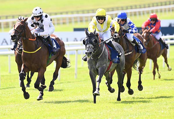Elite Trooper Grey and Georgie (yellow cap) winning at the Curragh