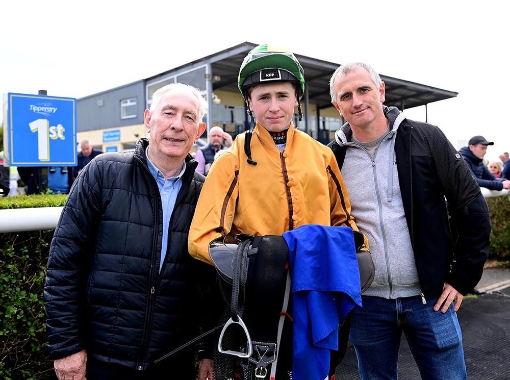 James McAuley (right) with his uncle James Gough and winning rider Jake Coen 
